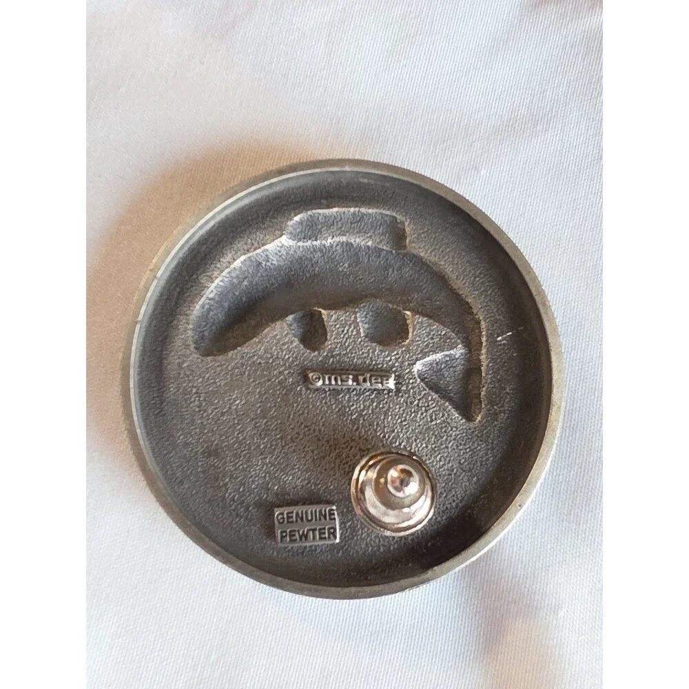 Vintage M.S. Dee Genuine Pewter Bass Fishing Trinket Box Wood w/ Matching Pin